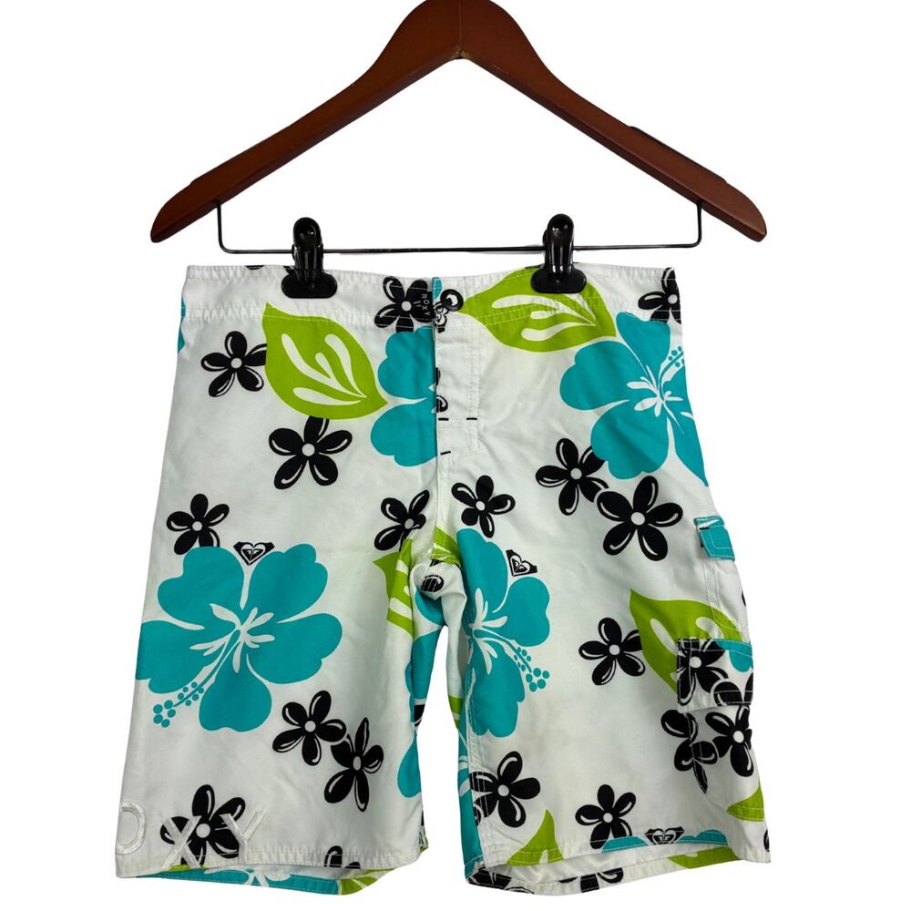 Roxy Womens Board Shorts Size 14 White Blue Green Floral Hibiscus Swim Surf